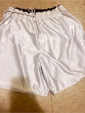White Satin-Look Athletic Shorts with Black Waistband